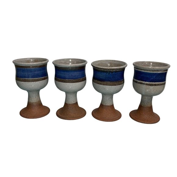 Vintage Goblets Set of 4 Studio Pottery Stoneware Signed Bohemian Artisan Made - Picture 8 of 10